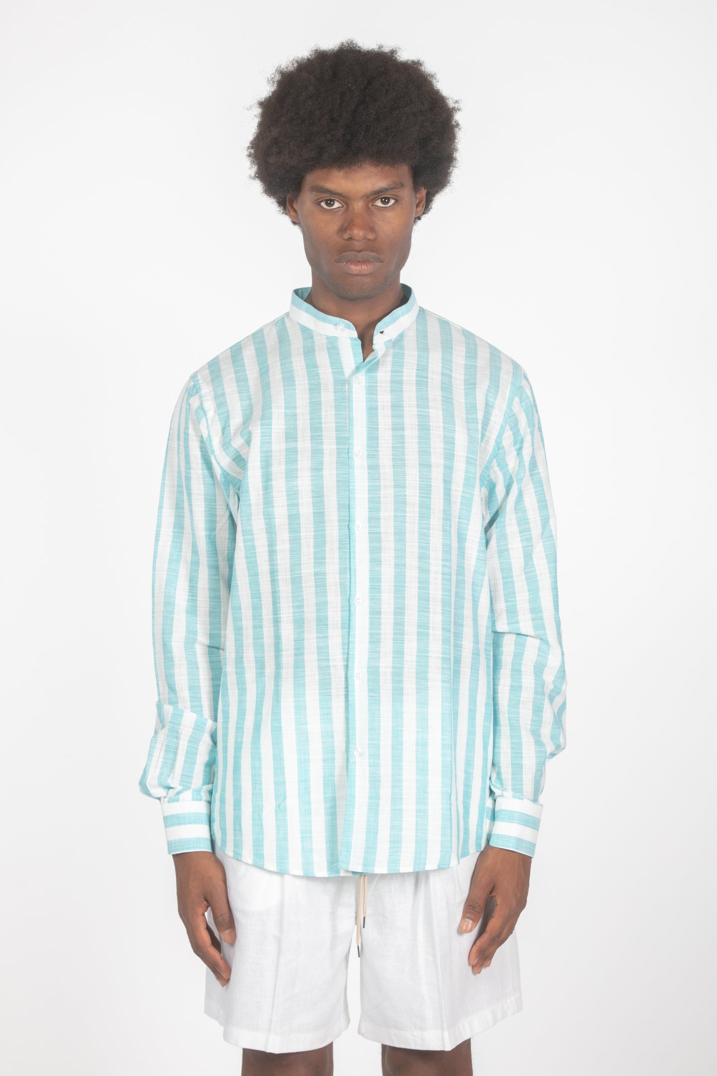Camicia colletto a fascette righe turchese