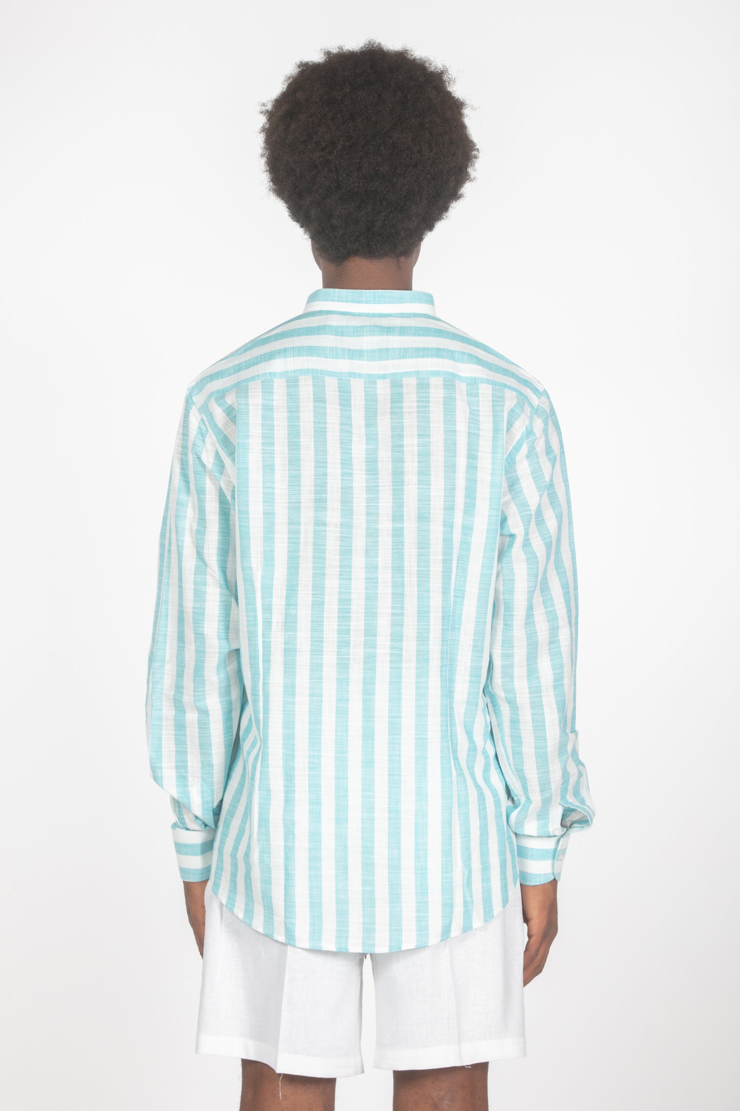 Camicia colletto a fascette righe turchese