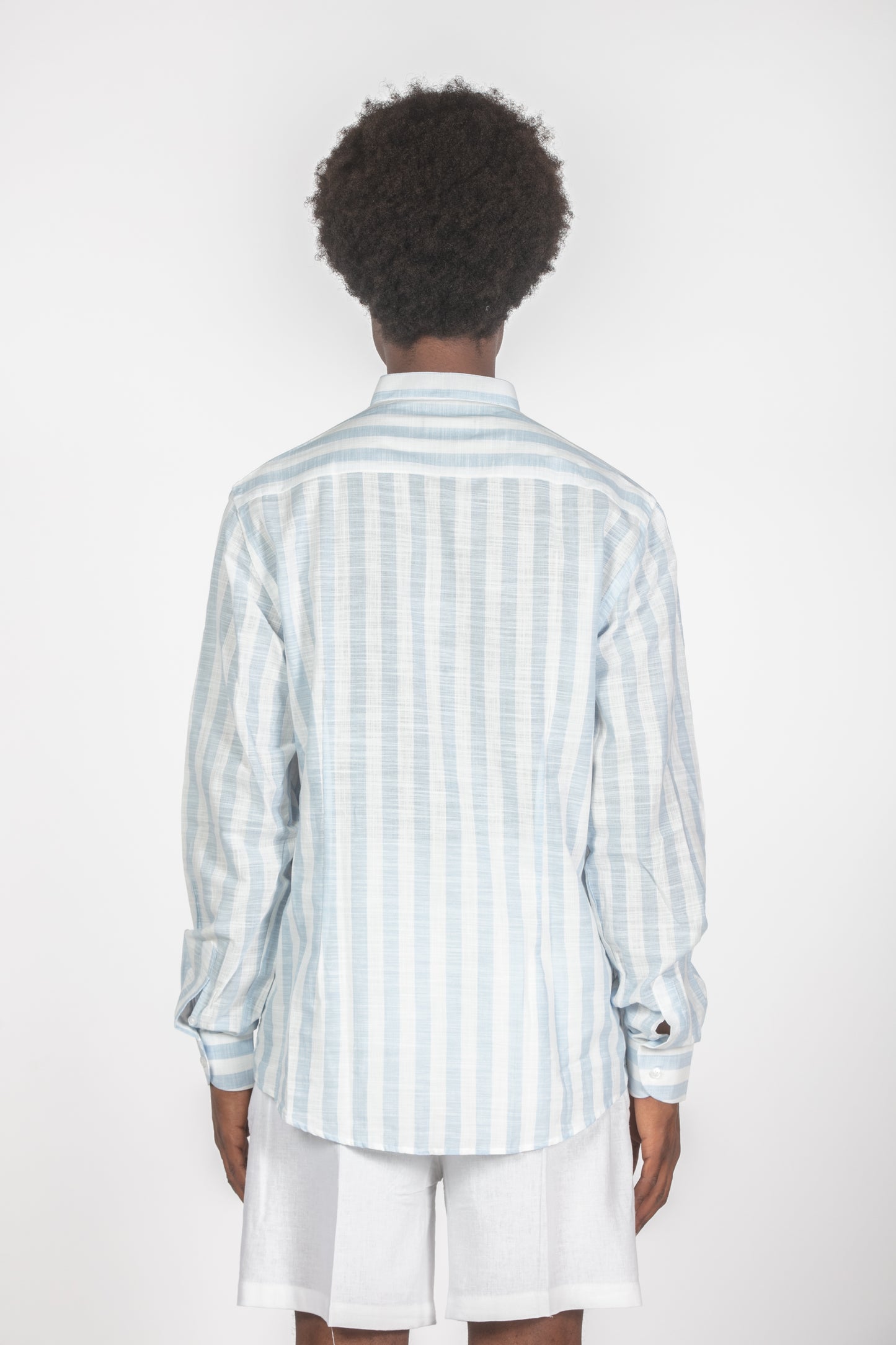 Camicia colletto a fascetta righe celeste
