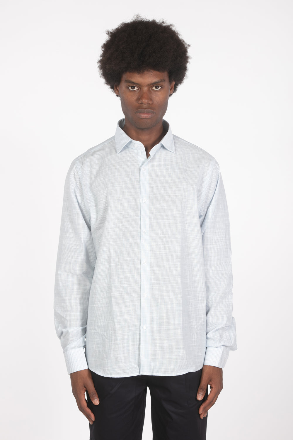 Camicia lino microrighe celeste