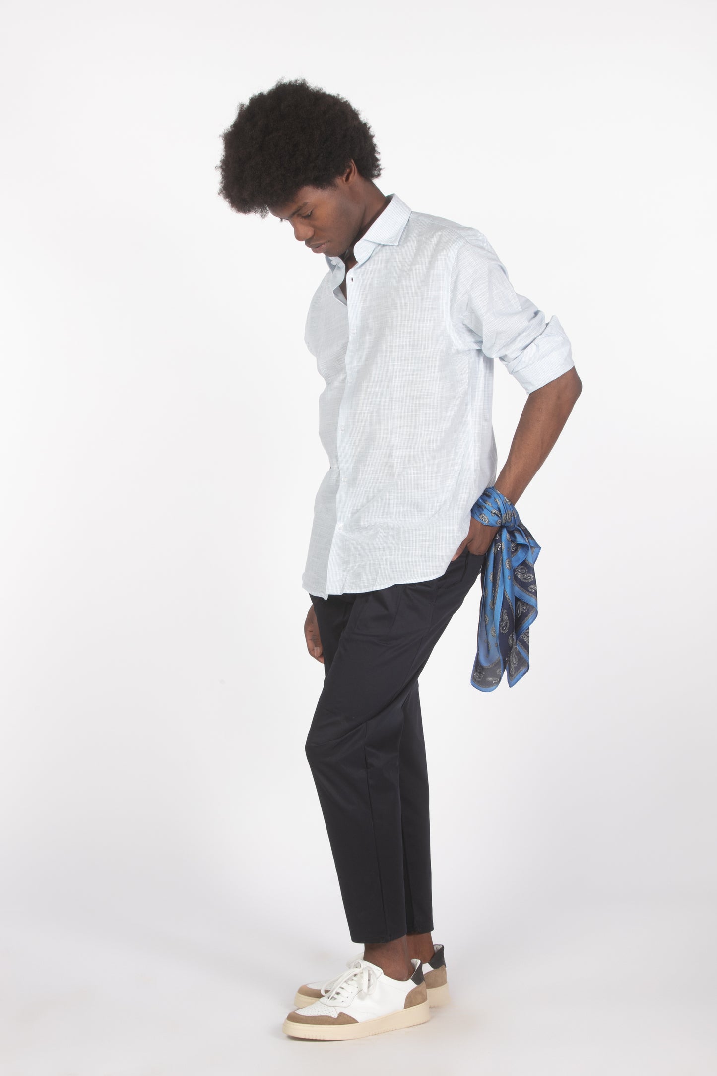 Camicia lino microrighe celeste