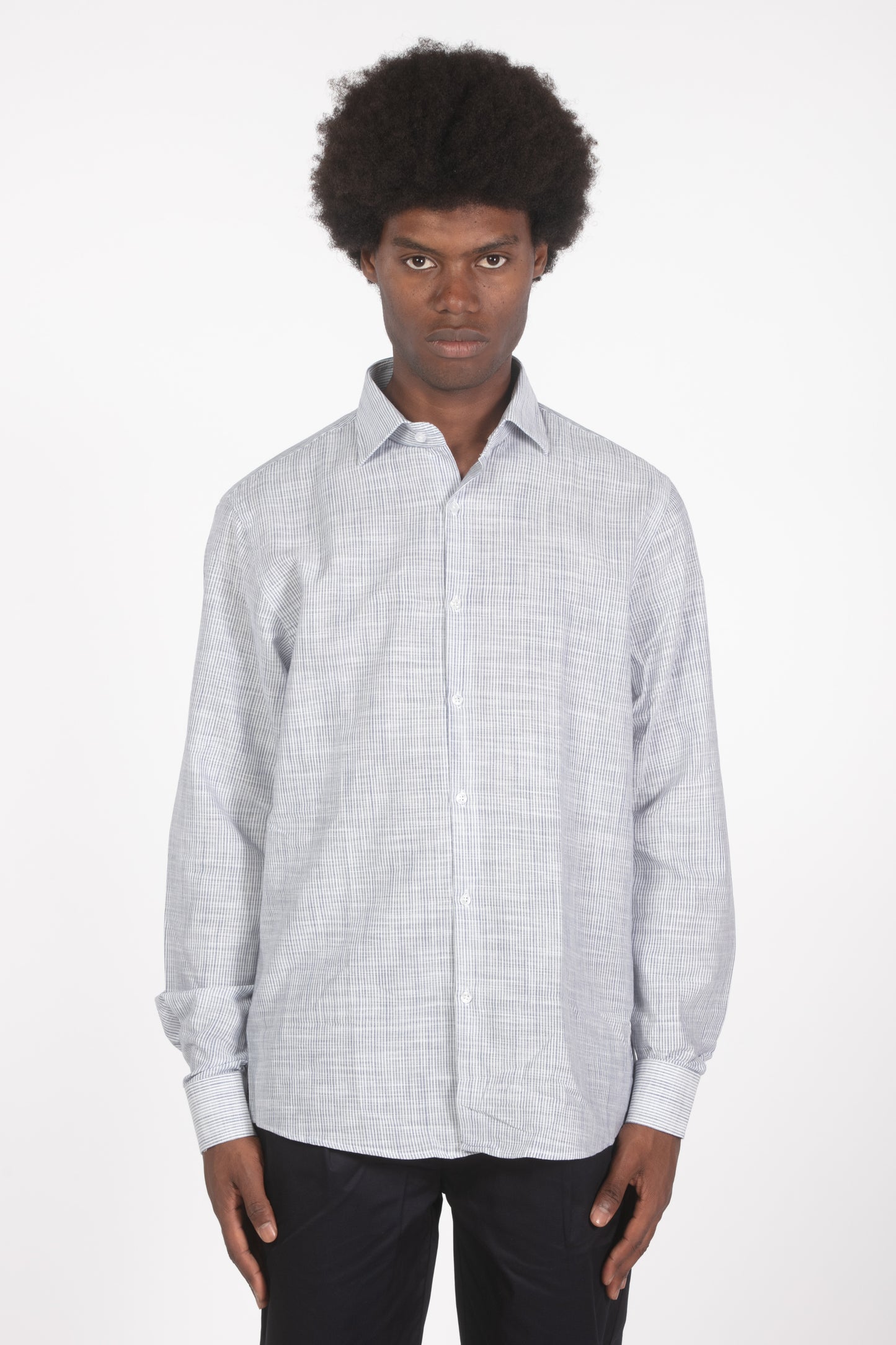 Camicia lino microrighe blu