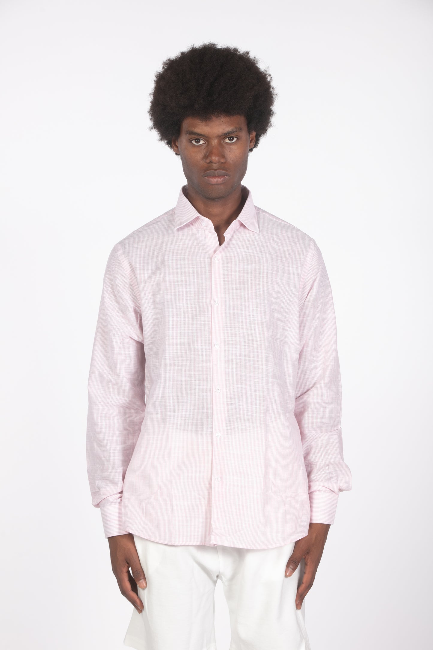 Camicia lino microrighe rosa