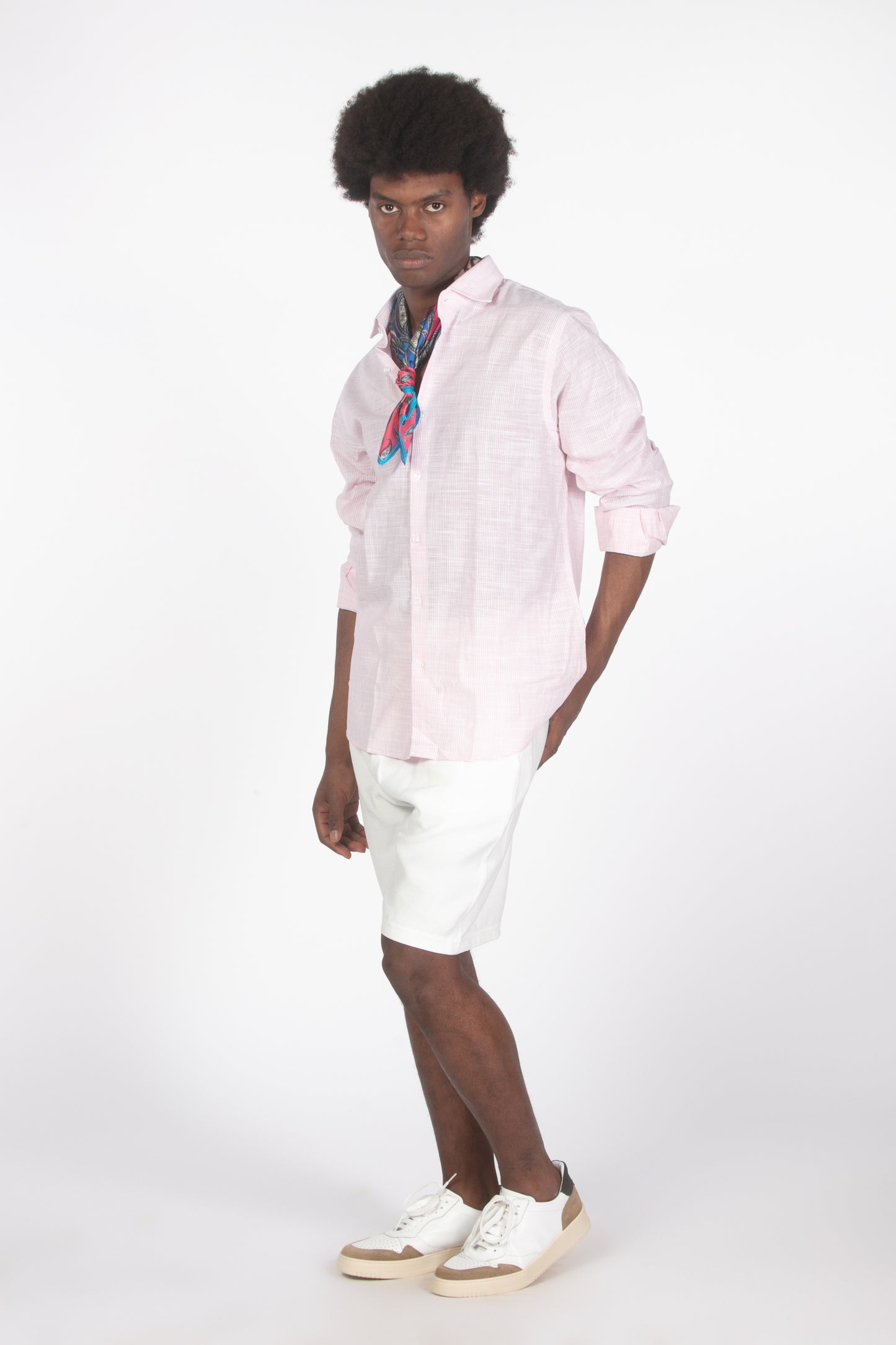 Camicia lino microrighe rosa