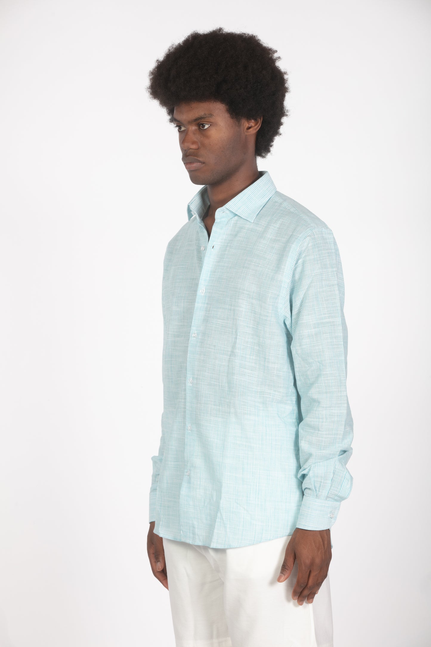 Camicia lino microrighe turchese