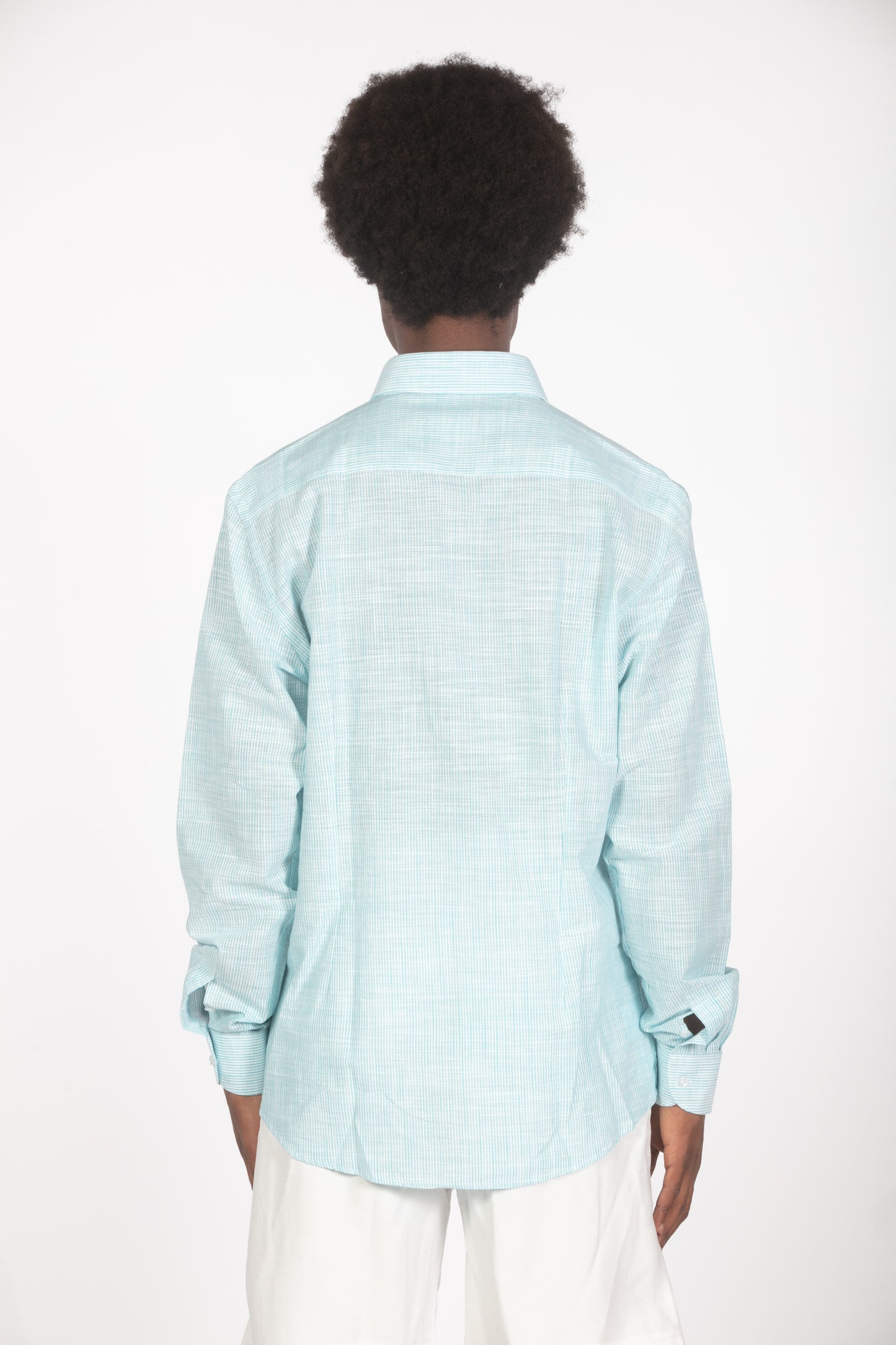 Camicia lino microrighe turchese