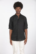 Camicia lino mm con colletto a fascetta nero