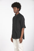 Camicia lino mm con colletto a fascetta nero