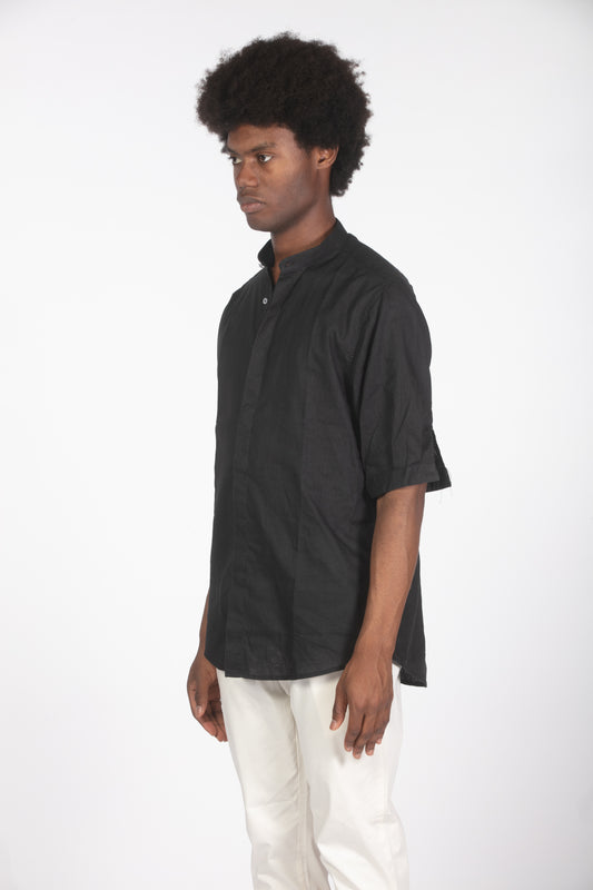 Camicia lino mm con colletto a fascetta nero