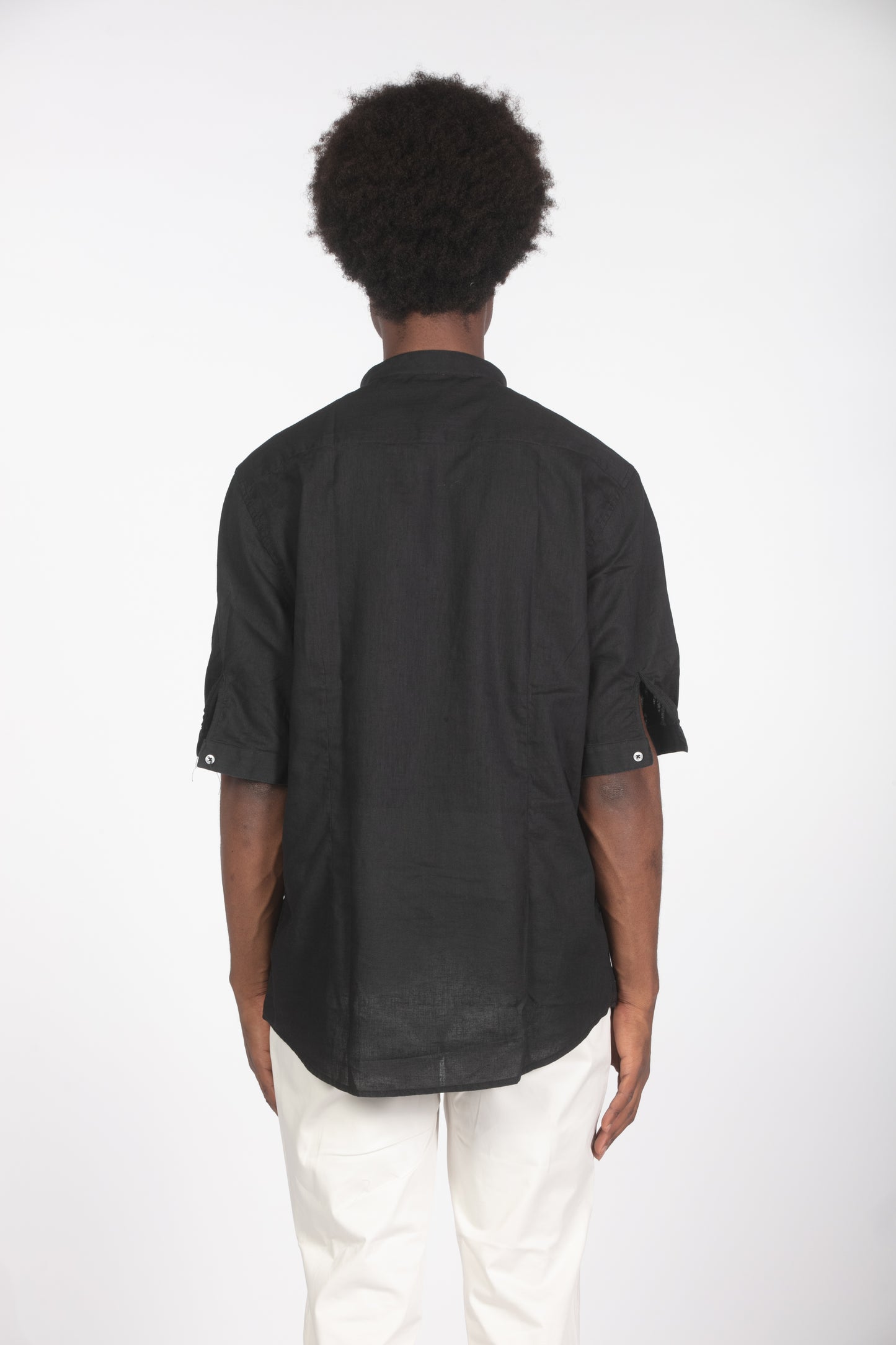 Camicia lino mm con colletto a fascetta nero