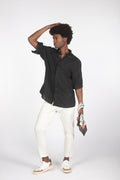 Camicia lino mm con colletto a fascetta nero