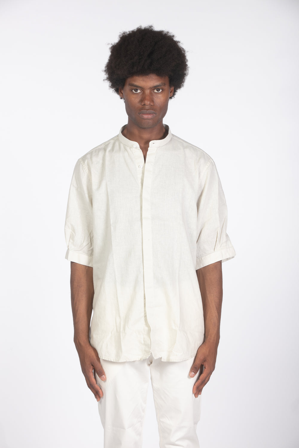 Camicia lino con colletto a fascetta mm beige