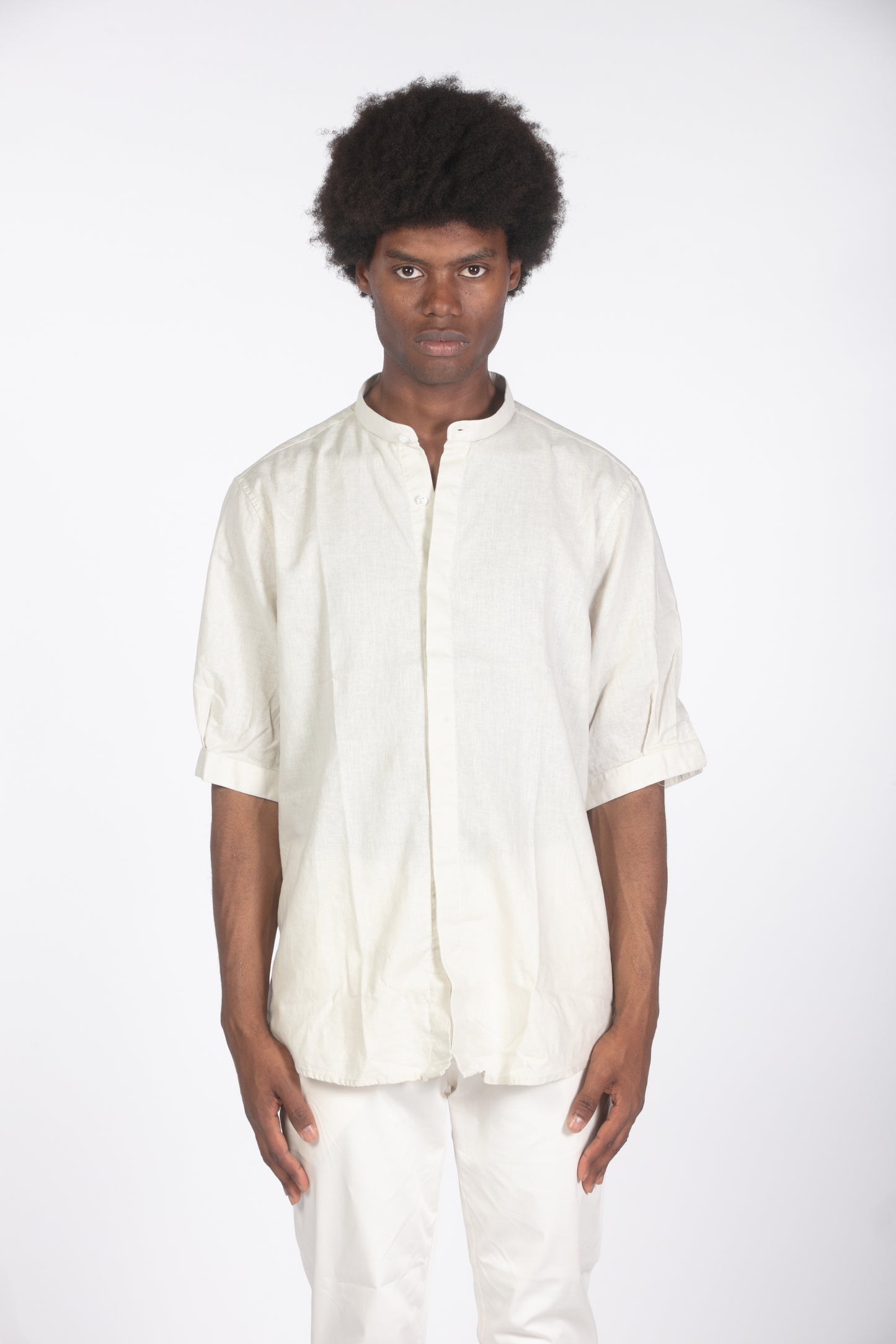 Camicia lino con colletto a fascetta mm beige