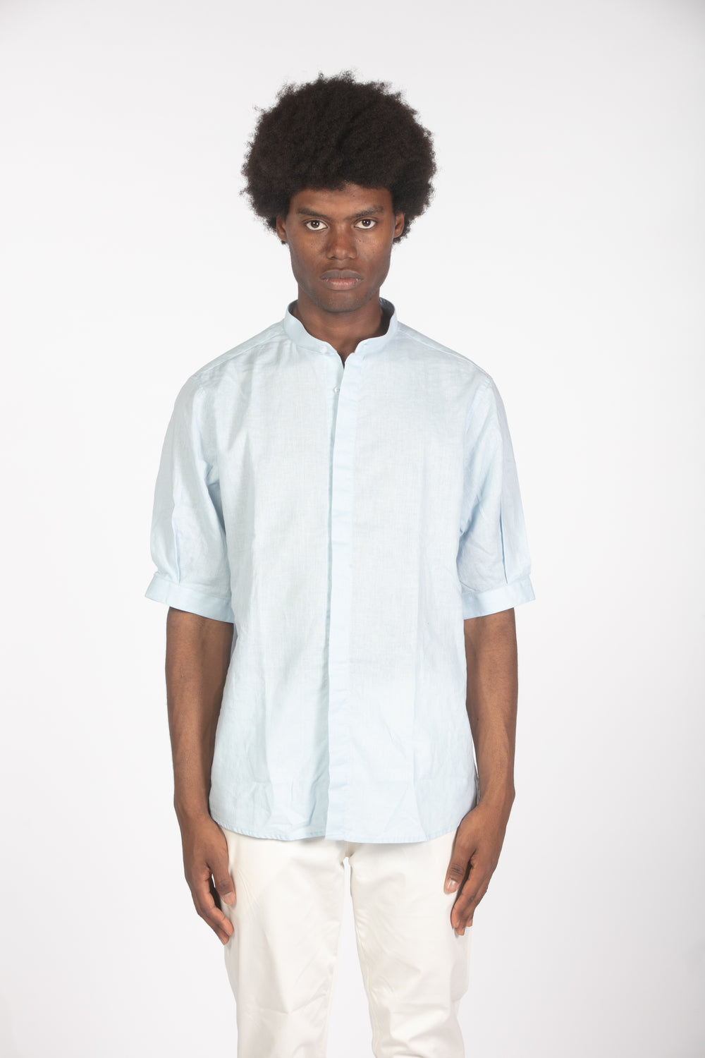 Camicia lino con collo a fascetta mm celeste