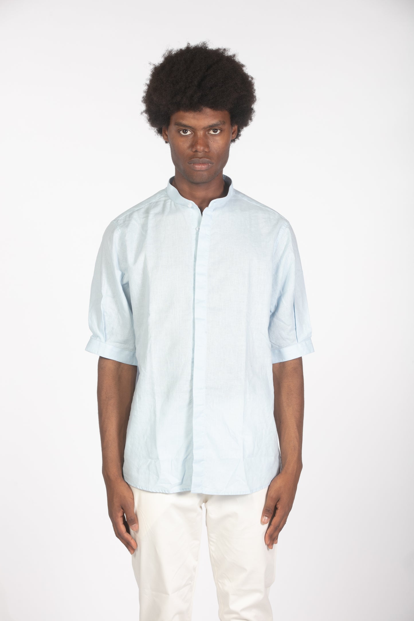 Camicia lino con collo a fascetta mm celeste