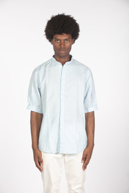 Camicia lino con collo a fascetta mm celeste