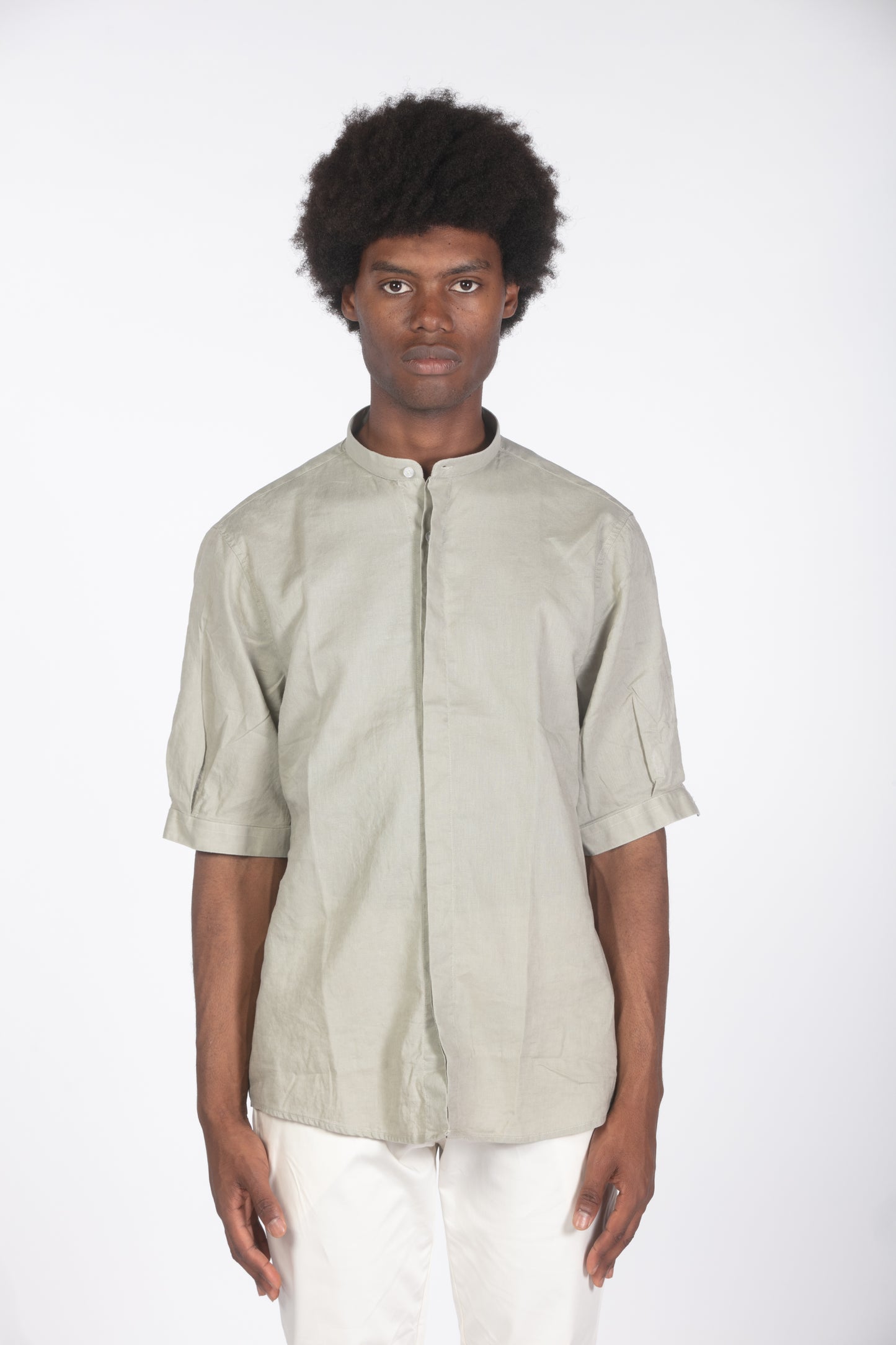 Camicia lino con colletto a fascetta mm verde militare