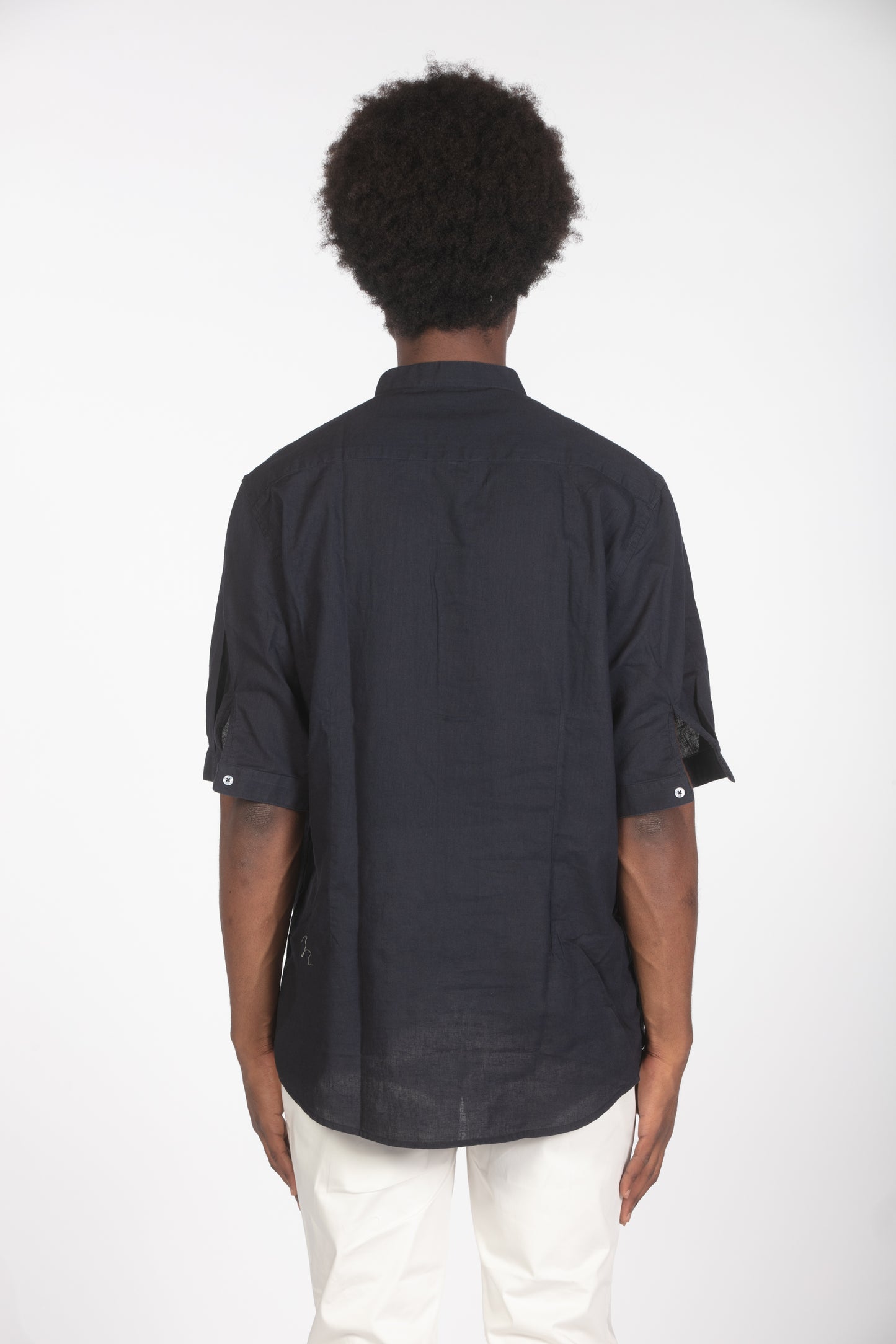 Camicia lino con colletto a fascetta mm blu
