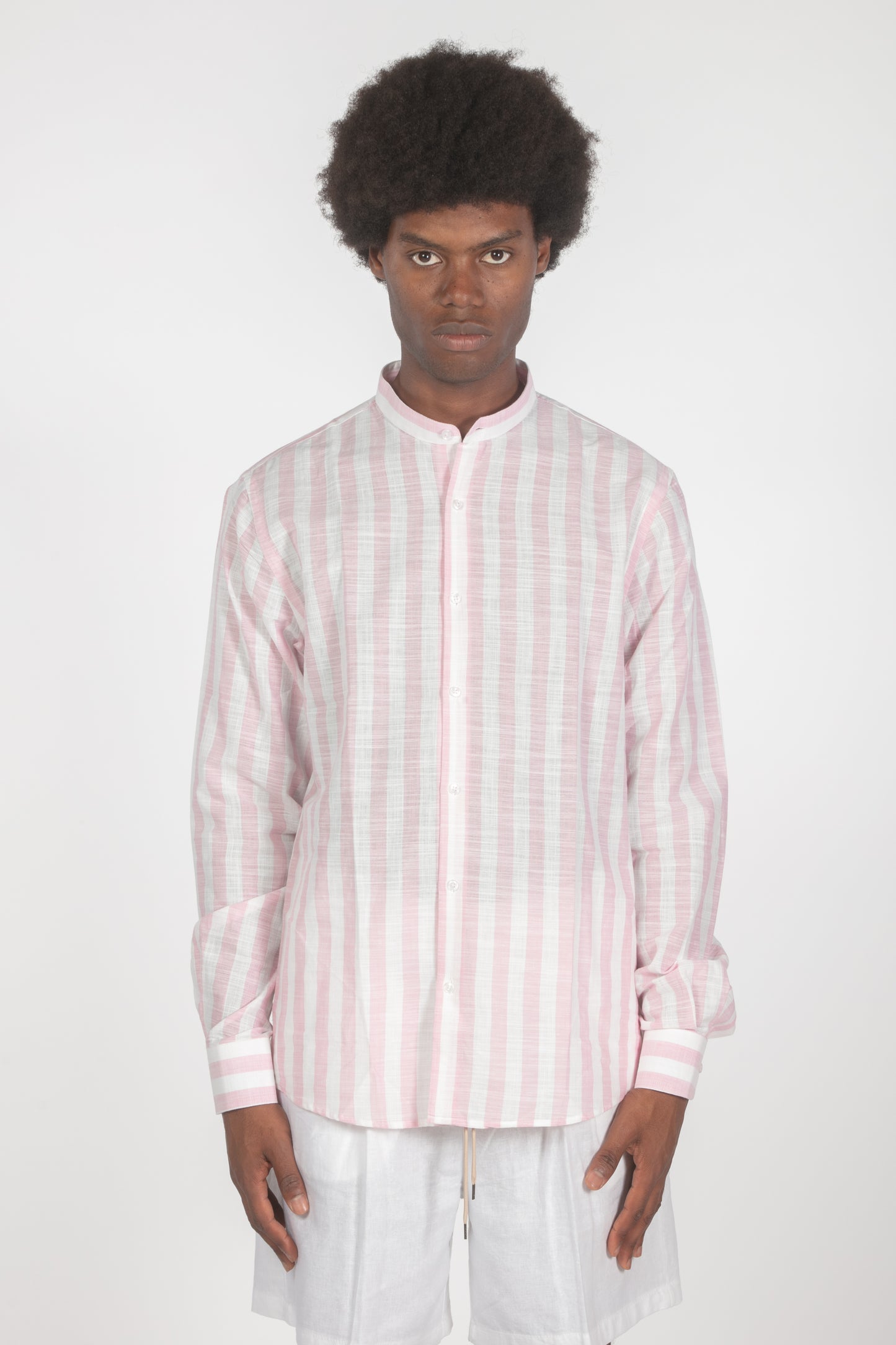 Camicia colletto a fascetta righe rosa