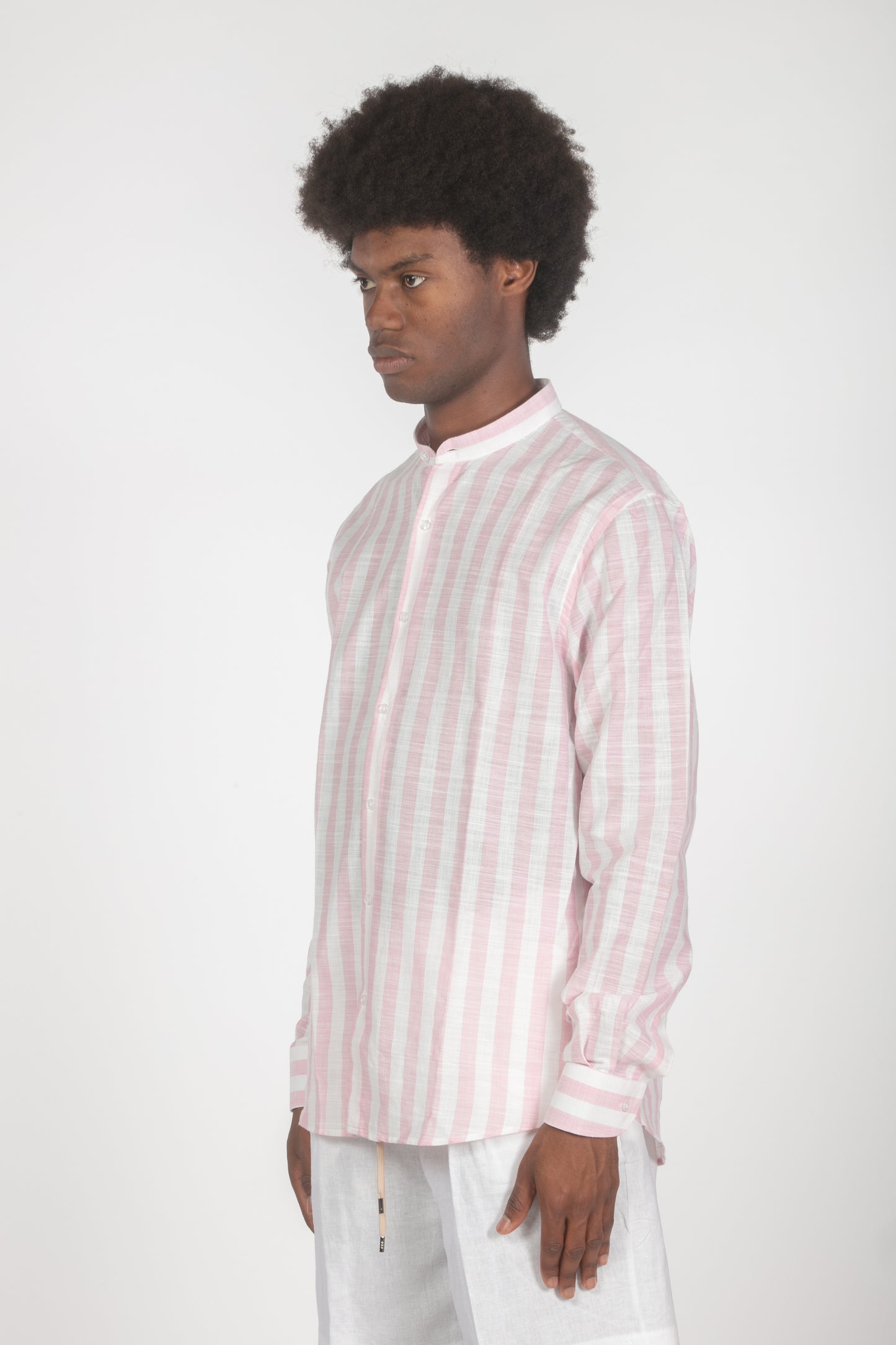 Camicia colletto a fascetta righe rosa
