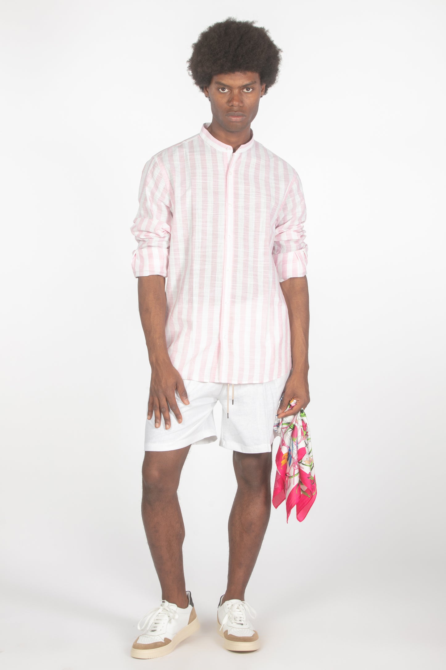 Camicia colletto a fascetta righe rosa
