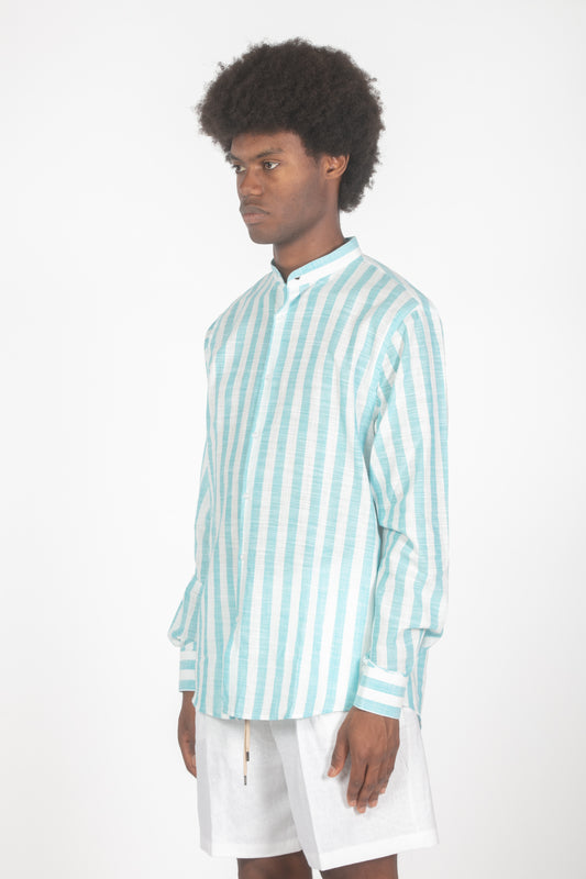 Camicia colletto a fascette righe turchese