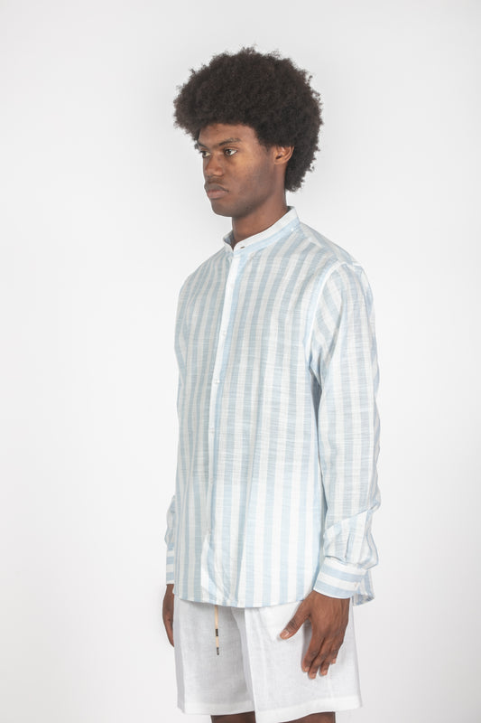 Camicia colletto a fascetta righe celeste