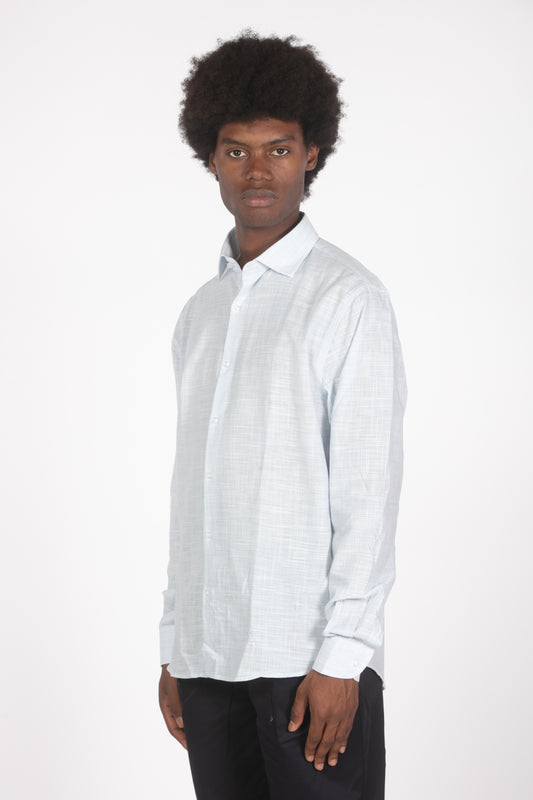 Camicia lino microrighe celeste