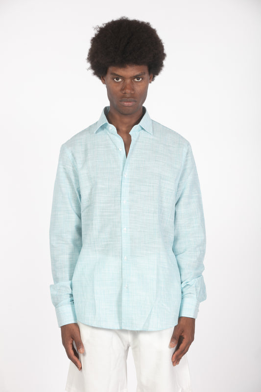Camicia lino microrighe turchese