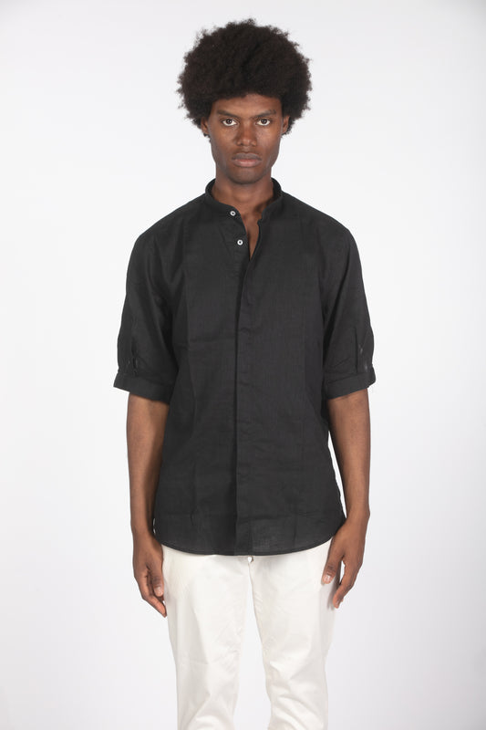 Camicia lino mm con colletto a fascetta nero