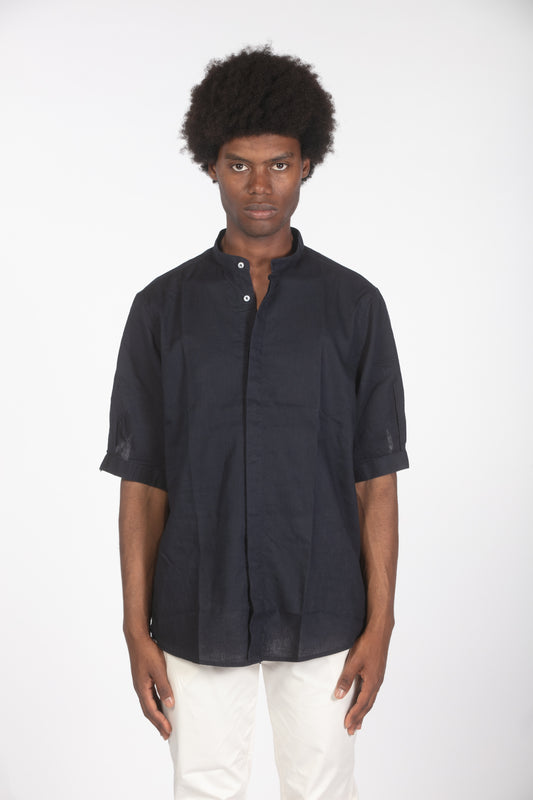 Camicia lino con colletto a fascetta mm blu