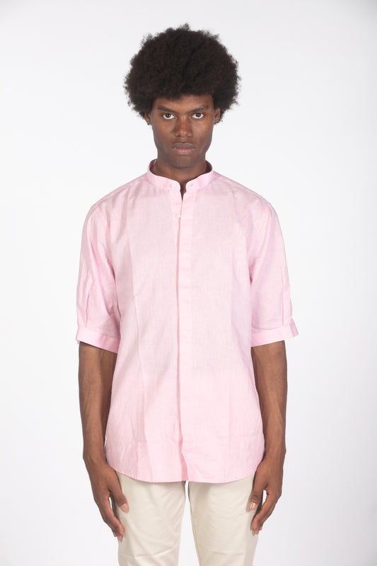 Camicia lino con colletto a fascetta rosa
