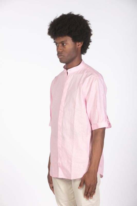 Camicia lino con colletto a fascetta rosa